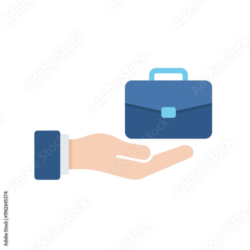 Minimalist flat design icon showcasing a hand presenting a professional briefcase, representing job offers, career opportunities, business transactions, or valuable employment aid