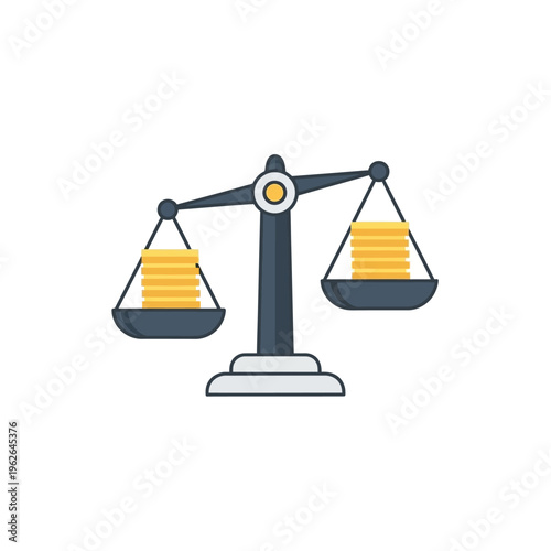 Balance scale with stacks of coins on each pan, representing financial equilibrium and economic fairness