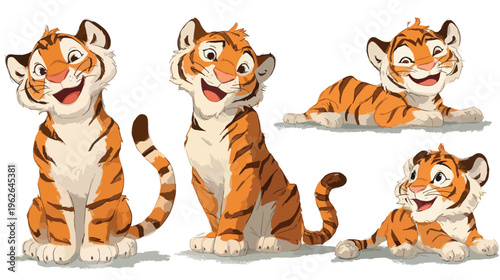 Cute Cartoon Tiger Cub Character Set with Playful Expressions.