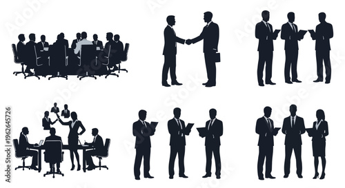 Business professionals in various meeting and teamwork scenarios depicted in silhouette
