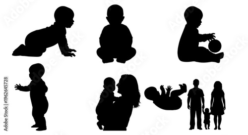 Silhouette illustrations of baby and family in various poses and stages