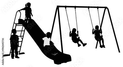 Children playing on a playground with swings and a slide