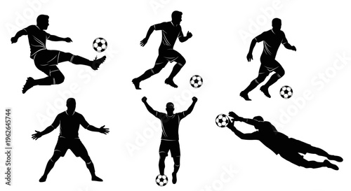 Soccer players in various actions with balls vector illustration graphic