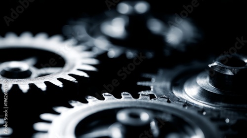 mechanism. Close-up of mechanical gears in motion with metallic textures against a dark industrial backdrop. safety posters.

