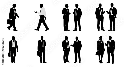 Business professionals in various poses and formal attire walking talking
