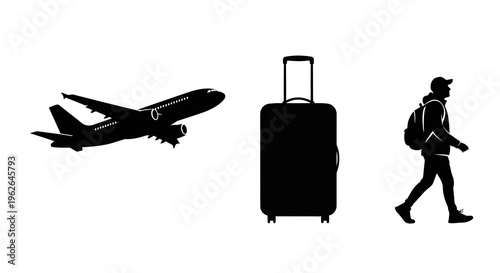 Traveler with luggage and airplane in vector graphic illustration