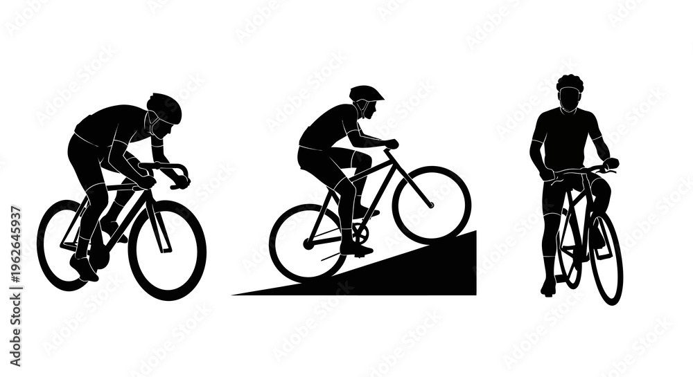 Obraz premium Silhouettes of cyclists in various riding positions on bicycles