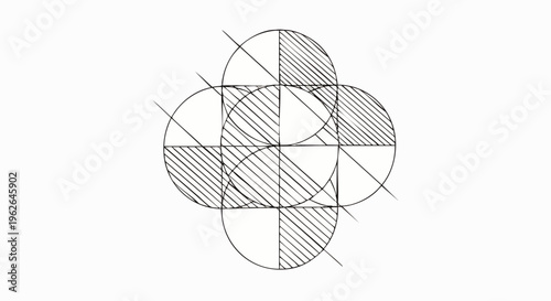 Symmetrical abstract geometric design showcasing intersecting circles and squares, creating a complex pattern with shaded sections and precise lines.