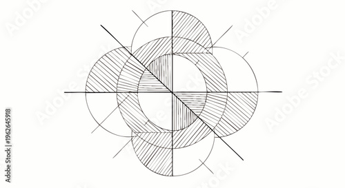 Abstract hand-drawn geometric pattern with overlapping circles and intersecting lines, a vintage technical design sketch for science, engineering, or art.