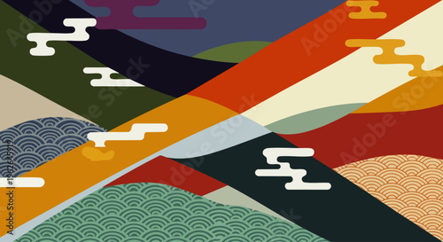 Colorful abstract Japanese landscape art featuring traditional Seigaiha wave patterns and stylized clouds over vibrant overlapping hills, modern graphic design.