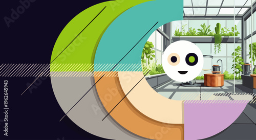 Futuristic digital character in a modern smart greenhouse office, blending technology, nature, and abstract data visualization for innovation and sustainability.