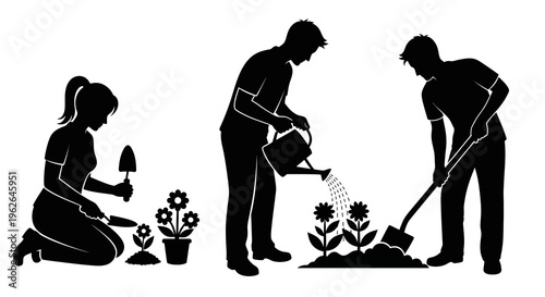 People gardening and planting flowers in the ground together outside