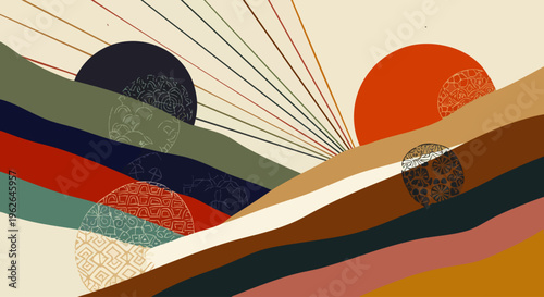 Modern abstract landscape art featuring layered hills in earthy tones, with two celestial orbs, one dark and one orange, and subtle decorative patterns.