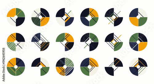 Abstract geometric pie chart elements in a modern flat design style, showcasing data visualization concepts, segments, and progress in green, yellow, and blue colors.