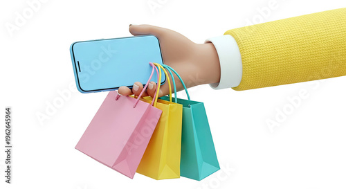 3D Cartoon Hand Holding Smartphone and Shopping Bags