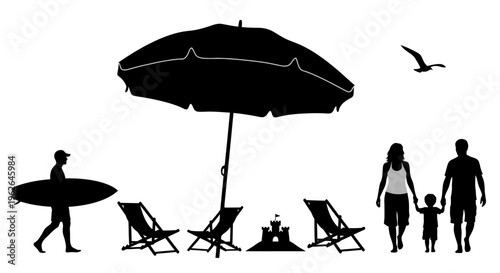 Silhouette of family and surfer at the beach with umbrella