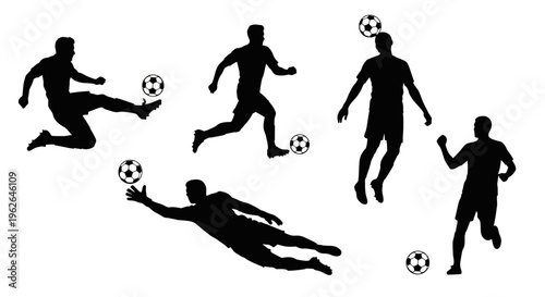 Silhouettes of soccer players in various actions with balls