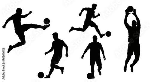 Silhouette illustration of men playing soccer and basketball in various poses
