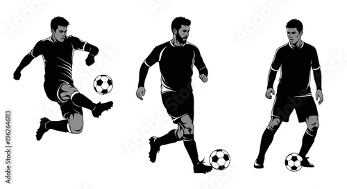 Soccer players in action kicking ball vector graphic illustration set