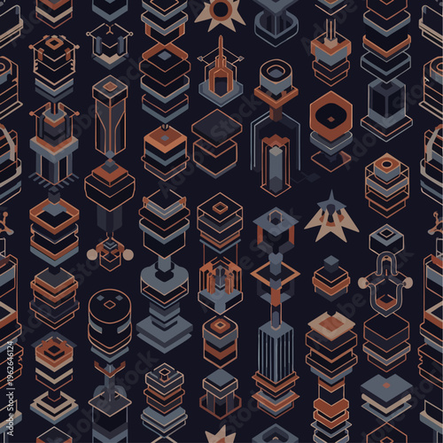 Seamless isometric pattern with abstract futuristic geometric shapes in muted tones, ideal for technology, digital data, or sci-fi backgrounds and textiles.
