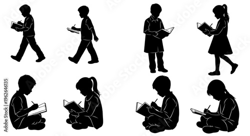 Silhouette illustration of children reading and writing in various poses