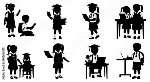 Vector illustration of school children in various learning activities
