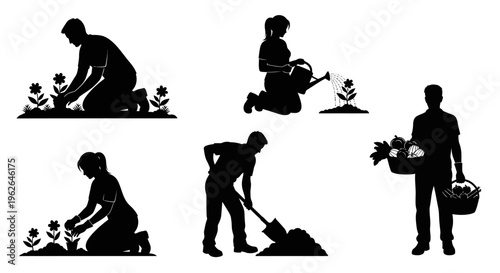 Silhouette illustrations of people gardening and harvesting