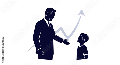 Businessman and boy interacting in front of rising graph illustration