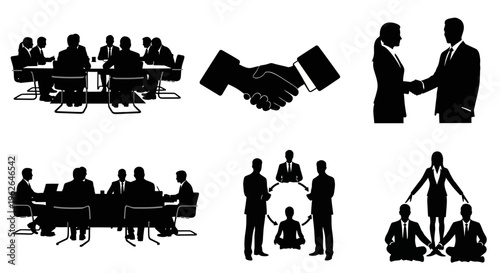 Vector graphic illustration of business people in meeting and teamwork scenes