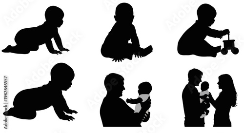 Silhouette illustrations of babies and parents in tender moments together