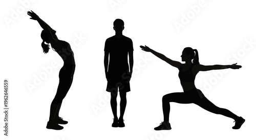 Silhouette of people stretching and exercising in various poses together