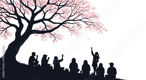 Vector illustration of people under a cherry blossom tree