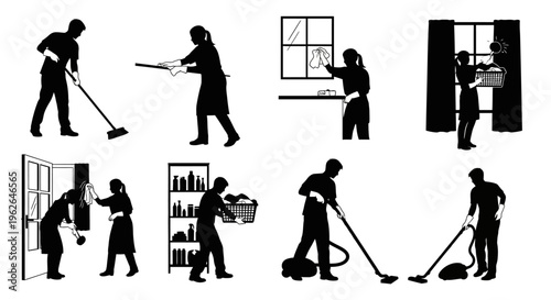 Silhouette illustrations of people doing various household cleaning tasks daily