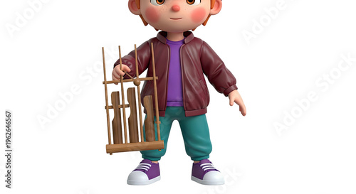 Cartoon Boy Holding Angklung Musical Instrument