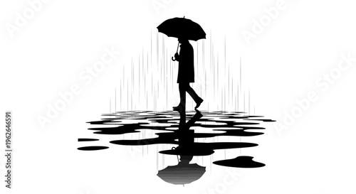 Silhouette of a woman walking with an umbrella on a rainy day