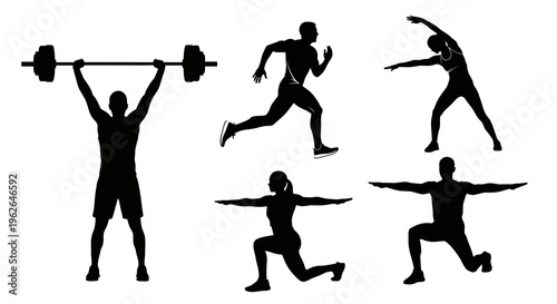 Fitness silhouettes for athletes in various exercise positions and activities