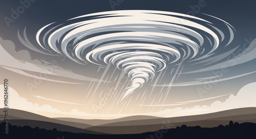 Tornado swirling over a landscape with rolling hills and dark sky