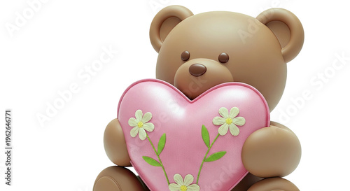 Teddy bear holding a pink heart pillow with embroidered flowers
