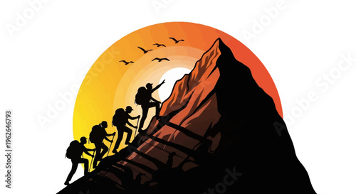Climbers reaching the summit of a mountain at sunset together