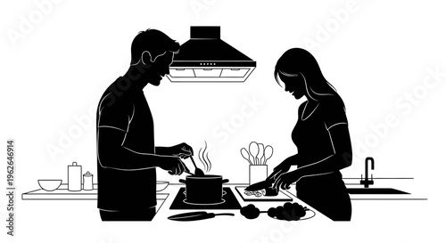 Silhouette of a man and woman cooking together in a kitchen