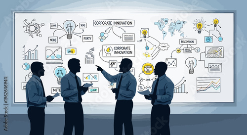 Businessmen discussing corporate innovation and strategy in a meeting room
