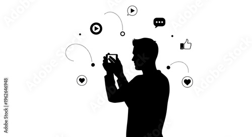 Silhouette of a man taking a photo with social media icons