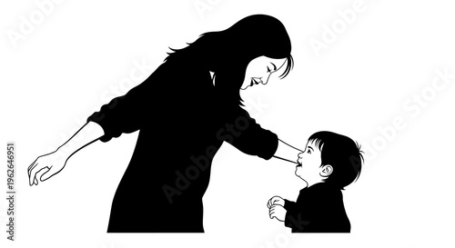 Mother brushing little boy's teeth in a tender moment