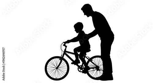 Father teaching son to ride a bicycle with support