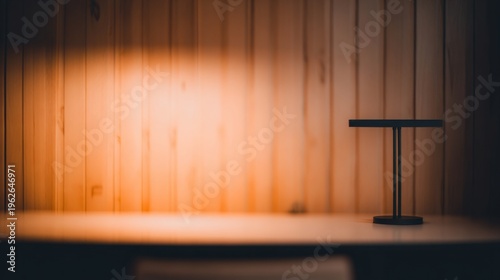 workstation. Minimalist home office with wooden accents, featuring an empty d...
