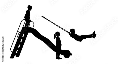 Children playing on outdoor playground equipment in silhouette