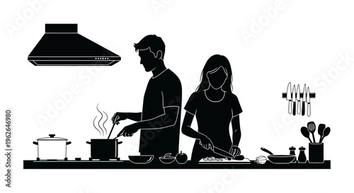Silhouette of couple cooking together in a modern kitchen