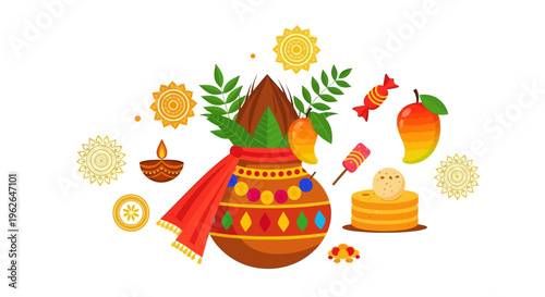 Decorative clay pot with offerings. EPS Editable. Vector Illustrations.