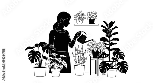 Woman watering plants in a serene indoor garden setting