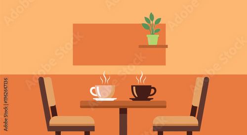 Two chairs sit at a small table with coffee cups indoors.